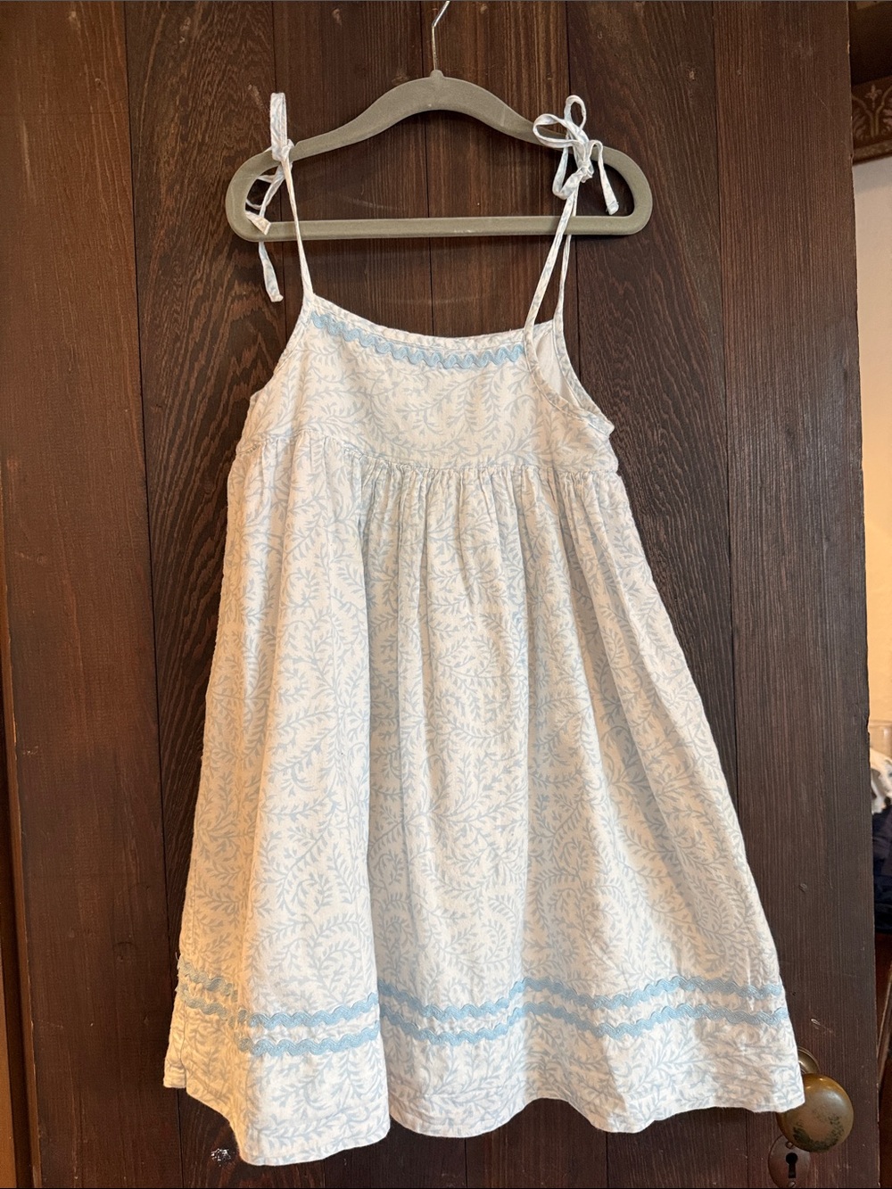 Girls' White Dress with Light Blue Trim and Botanical Print